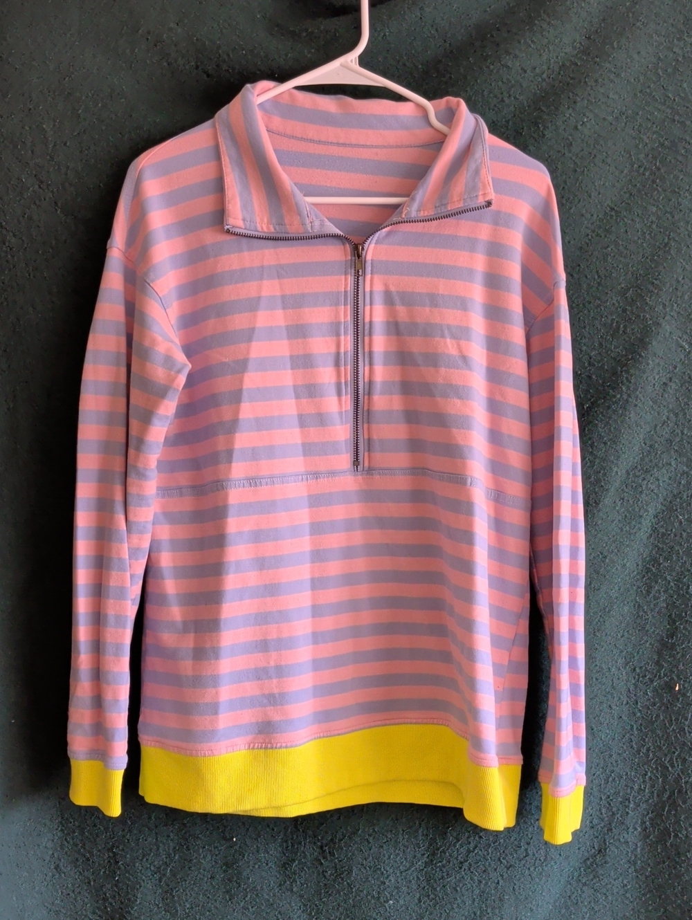 Women's Striped Half-Zip Turtleneck Sweater — Pink & Lavender with Yellow Trim